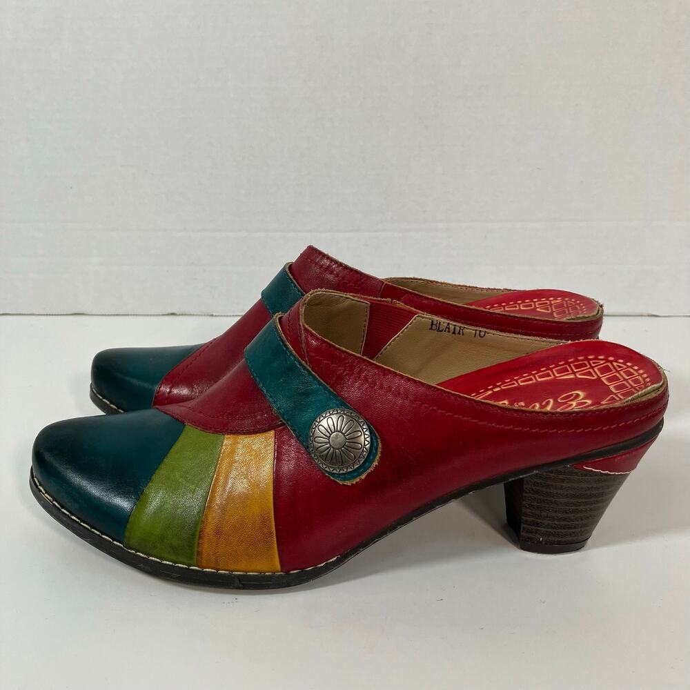 Elite by Corkys Sz 10 Sawtooth Heeled Slip-on Mules Multicolor Boho Stacked Heel
